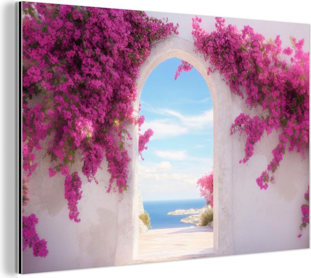 MuchoWow Wanddekoration Metall Metallbild Wandkunst 120x80 cm Meer - Rosa - Blumen - Tor MuchoWow Aluminium Gemälde - Alu Bild