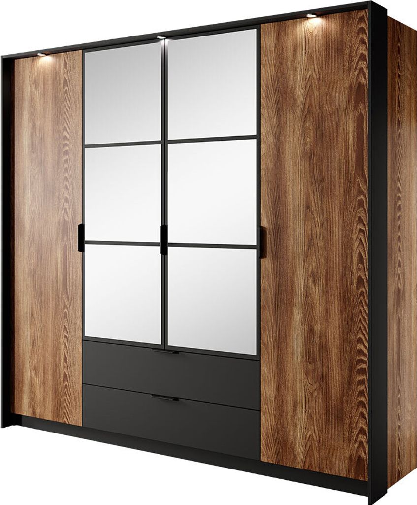 MIRJAN24 Kleiderschrank 220 Milton, Drehtürenschrank mit zwei Türen und zwei Schubladen (Farbe: Kastanie / Kastanie + Anthrazit, mit weißer LED ...