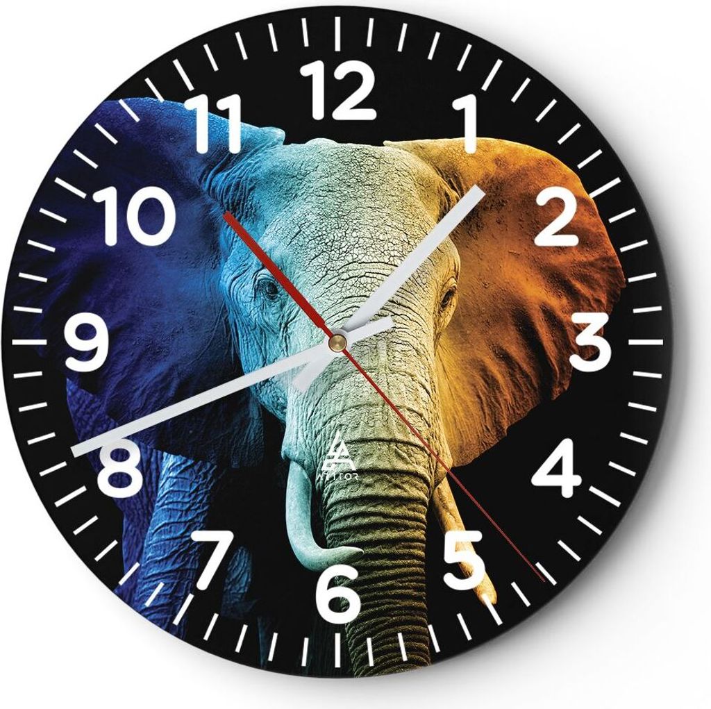 Wanduhr - Rund - Glasuhr - Bunt Elefant Fotografie - 40x40cm - Schleichendes Uhrwerk - Lautlos - zum Aufhängen bereit - Dekoration Modern - Wandde...