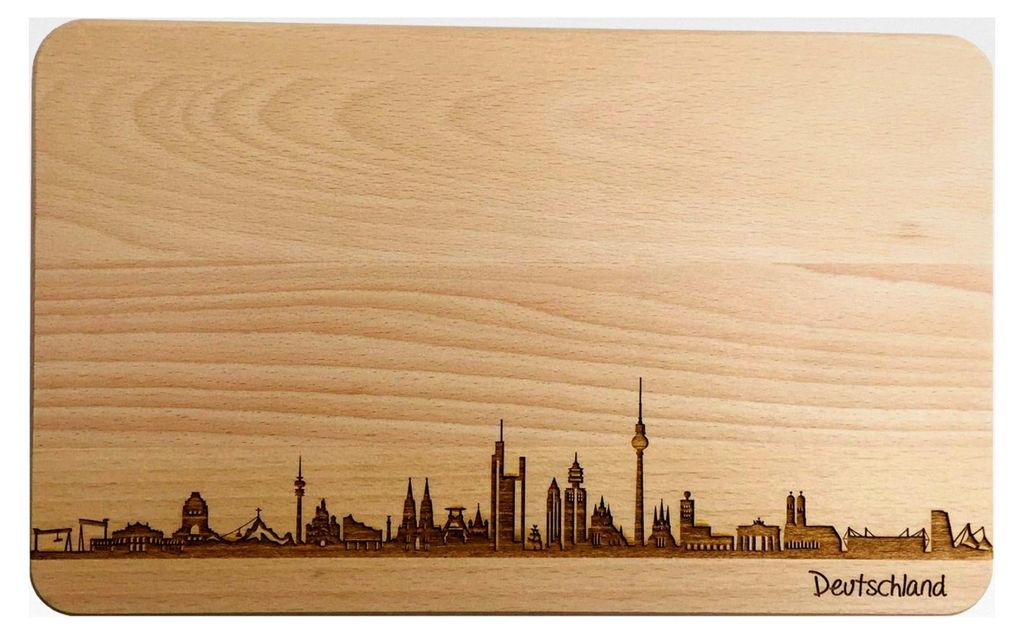 Brotzeitbrett Deutschland Skyline | Frühstücksbrettchen aus Buche | Holz Schneidbrett | Deutschland Souvenir | Frühstücksbrett (Brett L (26x16x...