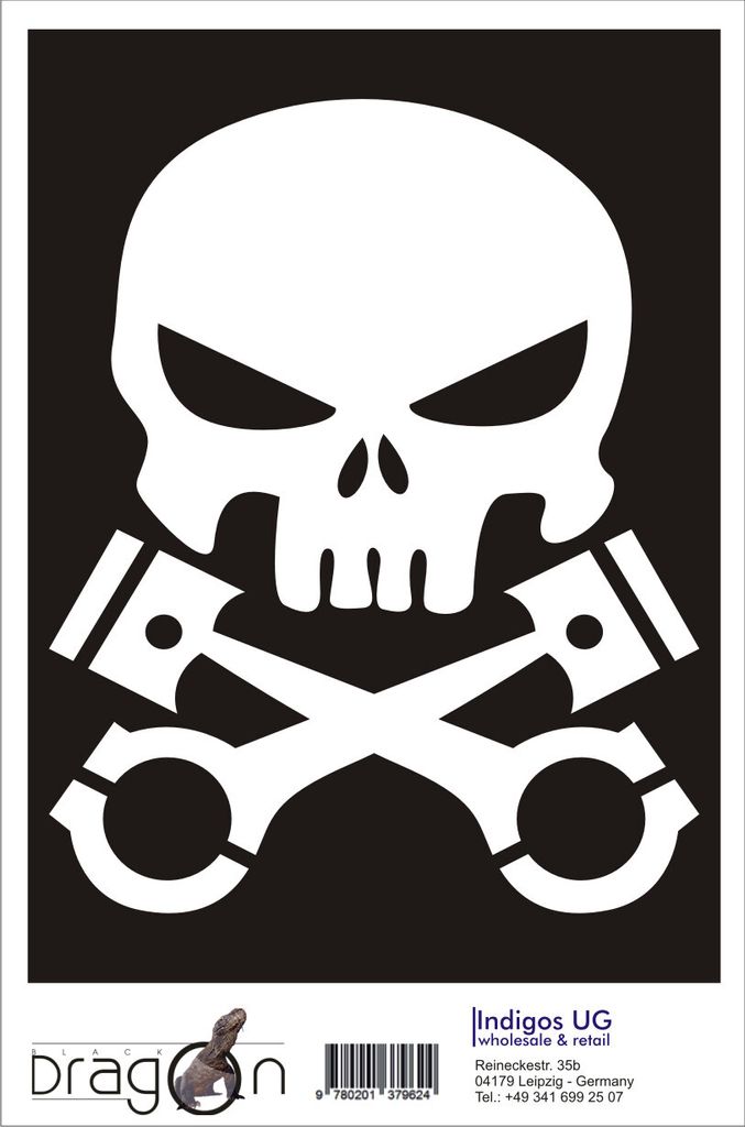 Aufkleber / Autoaufkleber - JDM / Die cut / Auto / OEM - Kolben Skull Schädel - 150x120 mm schwarz - Heckscheibe / Heckscheibenaufkleber