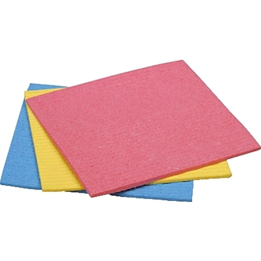 Three colorful cleaning cloths stacked on a white background.