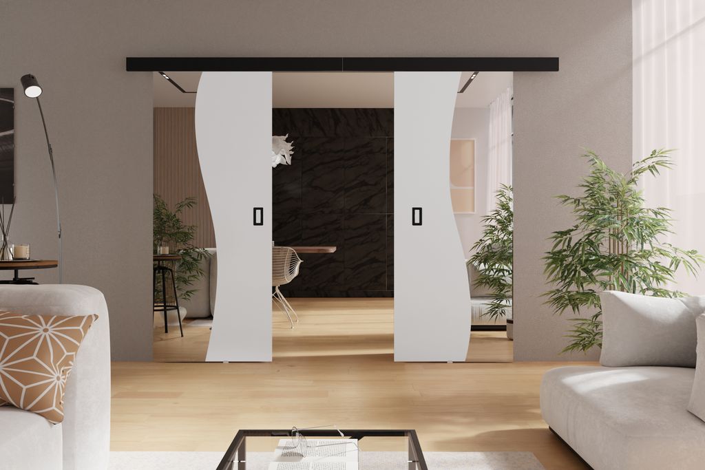 Schwebetür mit Spiegel 150 cm Kaja Duo - Design Schiebetür, Wohnzimmer, Zimmertür, Schiebetürsystem (Weiß)