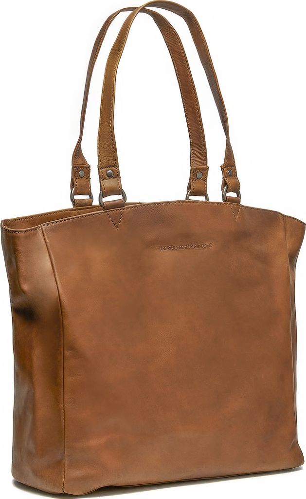 A brown leather tote bag is shown against a white background.
