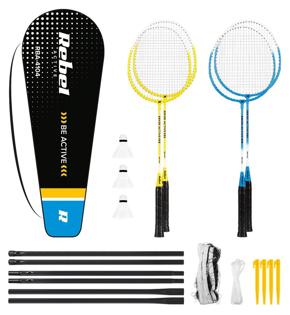 Rebel Badminton-Set: 4 Schläger, Netz, 3 Shuttlecocks