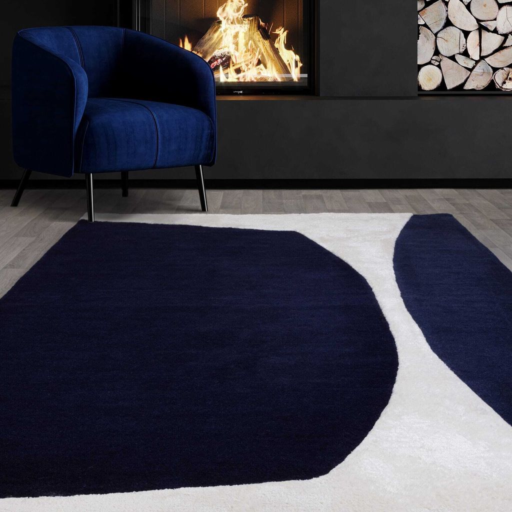 Viskose-Woll-Teppich Hochflor | Wohnbereich-Teppich Kontrast | Weicher Bodenbelag Künstlerisch | Modern Abstrakt | Dunkelblau 160x230 cm Gesamthö...