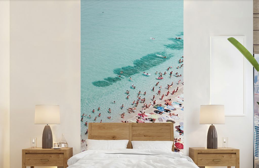 MuchoWow Fototapete für Wohnzimmer oder Schlafzimmer Wandtapete Vinyl Motivtapete Meer - Strand - Sonnenschirme - Blau - Sommer - 120x240 cm - H...