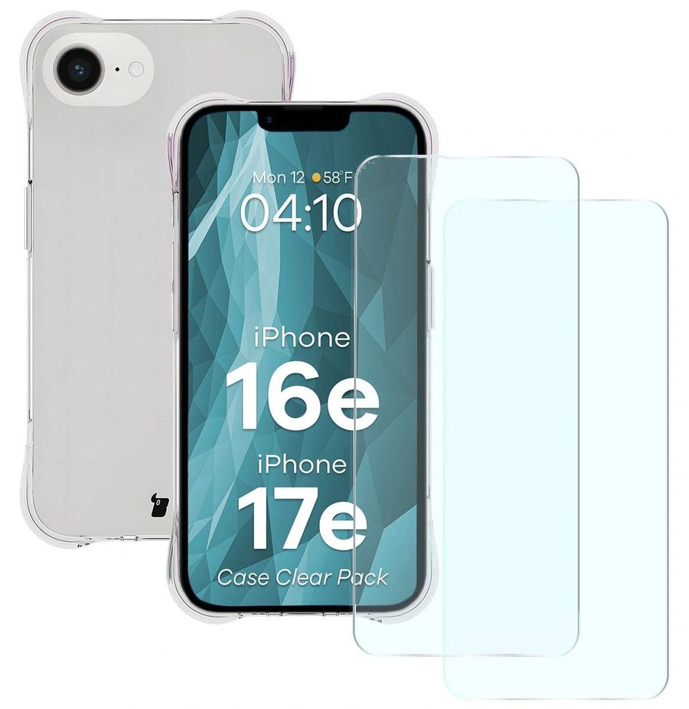 Bizon Case Clear Pack Hülle + 2x gehärtetes Glas + Linsenschutz für Apple iPhone 16e