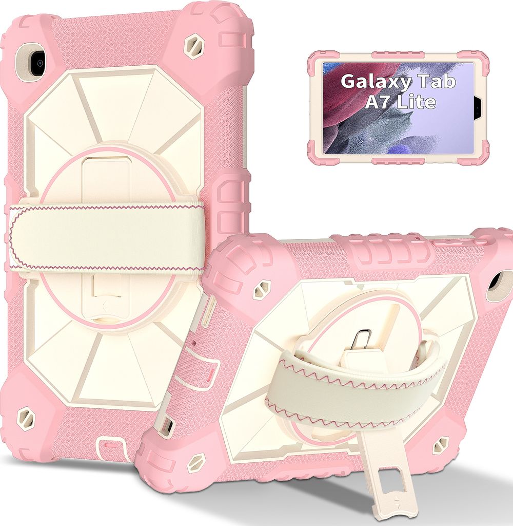 Hülle für Samsung Galaxy Tab A7 Lite 8,7" 2021 SM-T220/T225/T227 Tablette Schutzhülle Stoßfeste mit 360 Drehbarer Handschlaufe/Ständer Pink