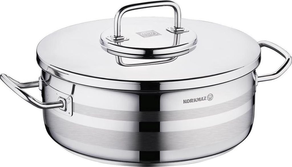 Korkmaz Astra2 Low Casserole 30 x 11 cm - 7,5 L, Edelstahl-Kochtopf mit Deckel
