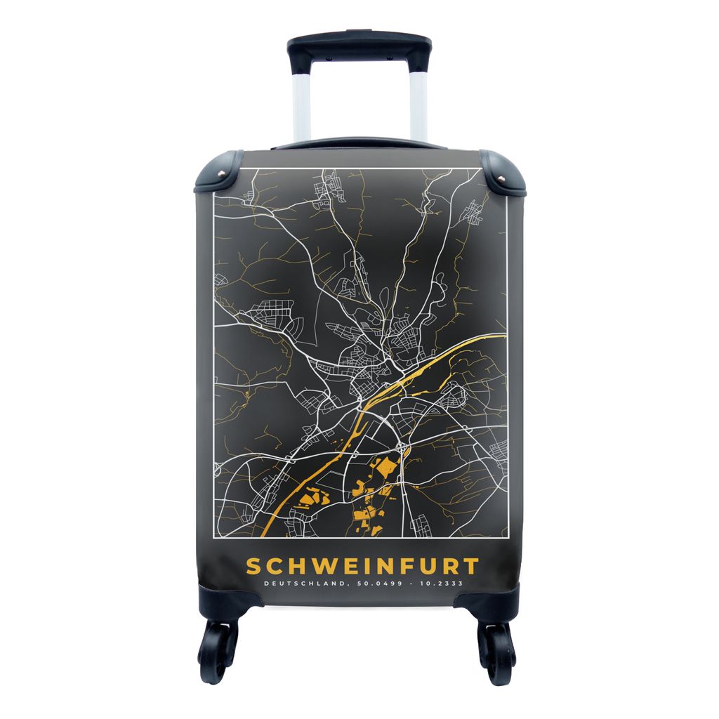 MuchoWow Koffer Handgepäck Trolley Rollkoffer Kleine Reisekoffer mit 4 Rollen - Deutschland - Schwarz und Gold - Schweinfurt - Stadtplan - Karte...
