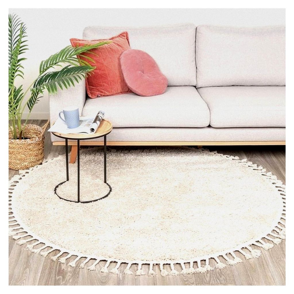 Hochflor Teppich Rund - Lofty Fringe Creme Weiß - Einfarbig - Modern, Skandinavisch - Wohnzimmer, Esszimmer, Schlafzimmer - Fellteppich