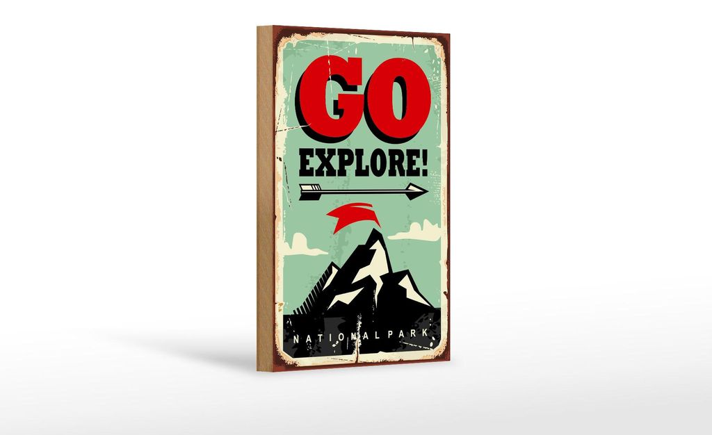 Holzschild Retro 12x18cm National Park go explore Pfeil