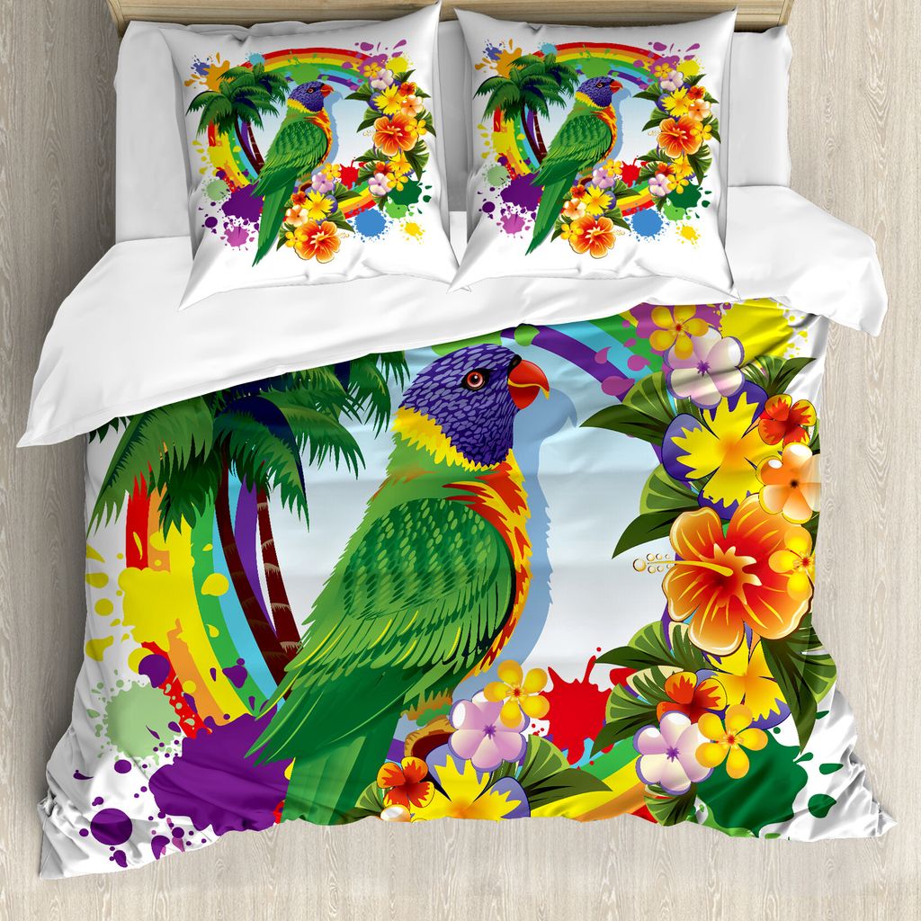 ABAKUHAUS Papagei Bettbezug, Palmen Tropische Pflanzen, Milbensicher Allergiker geeignet mit Kissenbezügen, 200 cm x 200 cm - 80 x 80 cm, Mehrfarbig