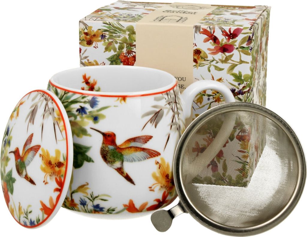 DUO | Teebecher - Becher - 430 ml - Bunt - Vögel - Kaffeebecher - mit Sieb und Deckel - in Geschenkbox