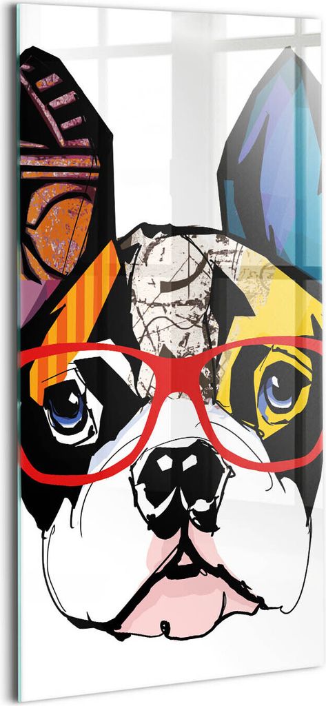 Designer Glasbild - Wandbild - Glas Bild - 60x120 cm - Französische Bulldogge Mit Brille