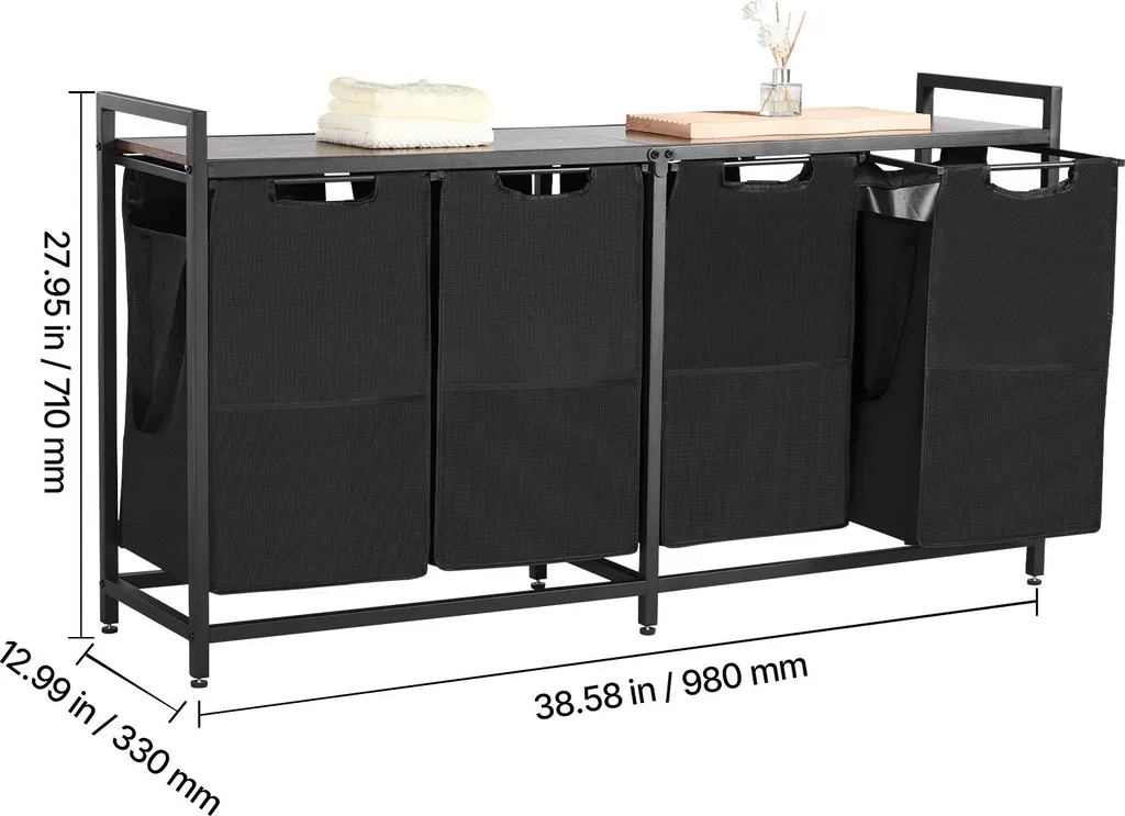 SucceBuy cesto portabiancheria con piano in legno, smistatore di biancheria con 4 sacchi rimovibili (tessuto Oxford 600D) e robusta struttura in metallo, sistema di smistamento della biancheria per il bagno e i vestiti sporchi in nero - 8