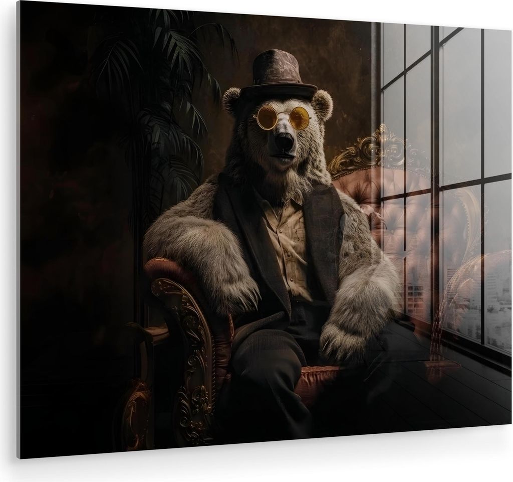 MuchoWow Glasbilder - Bilder auf Wandbild - Foto auf Glas Eisbär - Hut - Brille - Stuhl 40x30 cm Wanddekoration aus Glas - Acrylglasbild - Acrylbi...