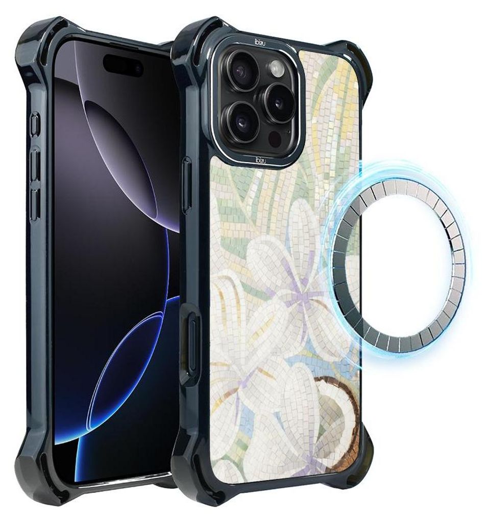 Schutzhülle für das iPhone 16 Pro, MagSafe-kompatibel, verstärkte Ecken, schwarz, Weiße Lilie, Mosaik