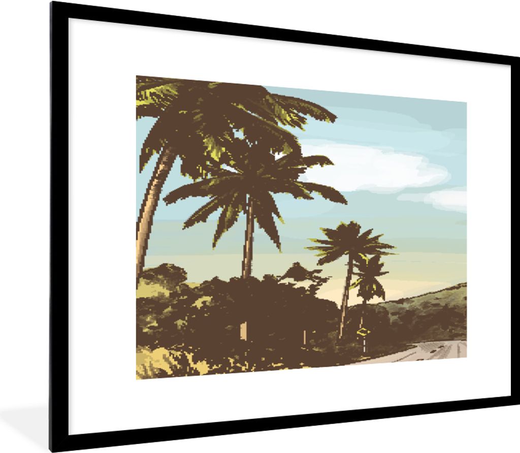 MuchoWow MuchoWow Gerahmtes Poster Strand - Palme - Berg 80x60 cm - Poster mit zchwarzem Bilderrahmen - Schlafzimmer-Dekorationen - Fotoposter