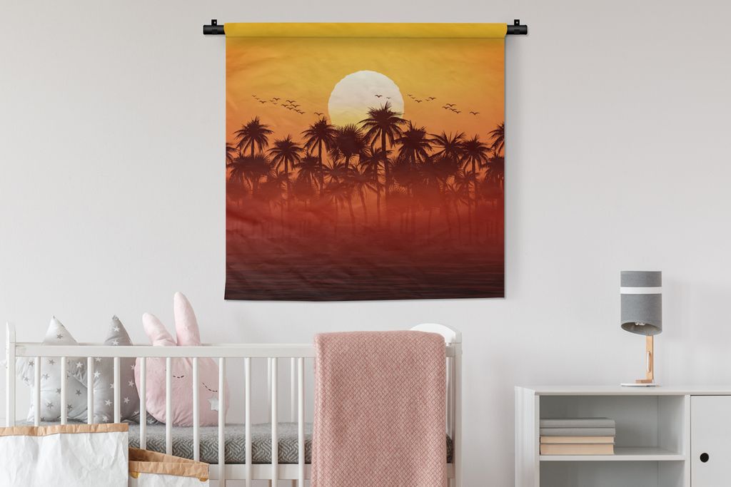 MuchoWow Wandteppich Wandbehang Sonne - Palme - Vogel 90x90 cm Tapisserie Dekoration Wandtuch - Wandaufhänger