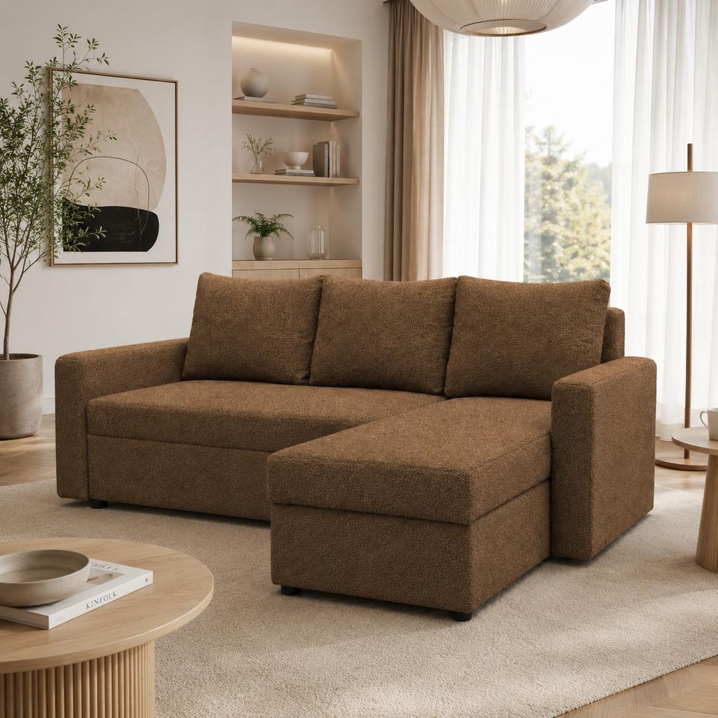 TEDDY Ecksofa mit Schlaffunktion 220 cm Schlafsofa Cappuccino Bouclé Bettkasten Bonellfederung