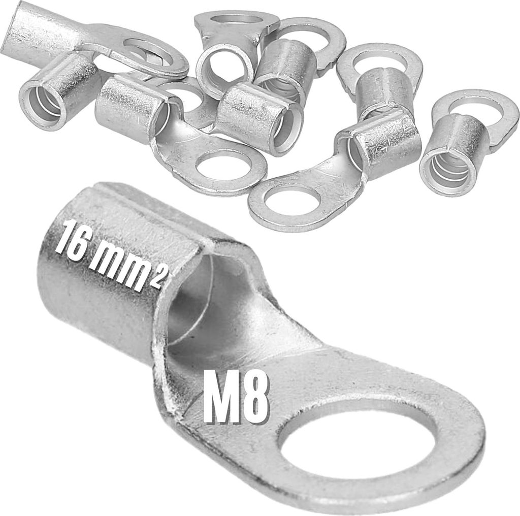 10 Stück Kalitec Q16-8 Quetschkabelschuh 16mm² M8 I Unisoliert I Dornpressung I Für mehr-, fein- und feinstdrähtige Leiter I Kabelschuh 16mm² ...