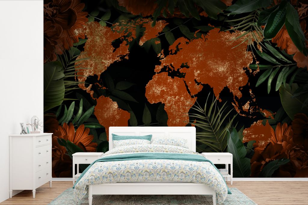 MuchoWow Fototapete für Wohnzimmer oder Schlafzimmer Wandtapete Vinyl Motivtapete Weltkarte - Gold - Pflanzen - 525x350 cm - Das Hintergrundbild