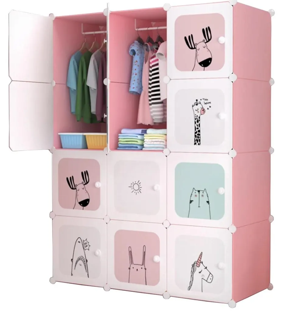 Armoire 12 cubes rose modulable en panneaux PP souples et résistants