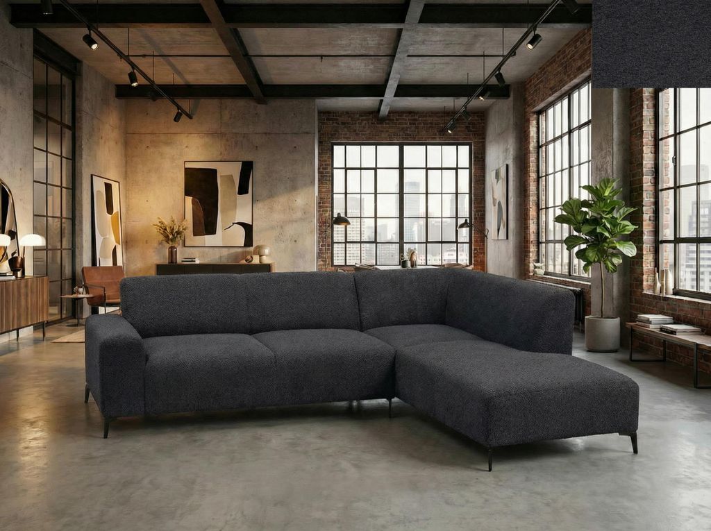 SOGNO Wohnlandschaft Ecksofa EGON Bouclé Schwarz, Modernes Designer Sofa mit Metallfüßen für Wohnzimmer 267 x 206 cm