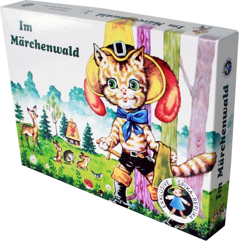 A box for a retro game called 'Im Märchenwald' featuring a cartoon cat character in a hat and a forest scene with animals.