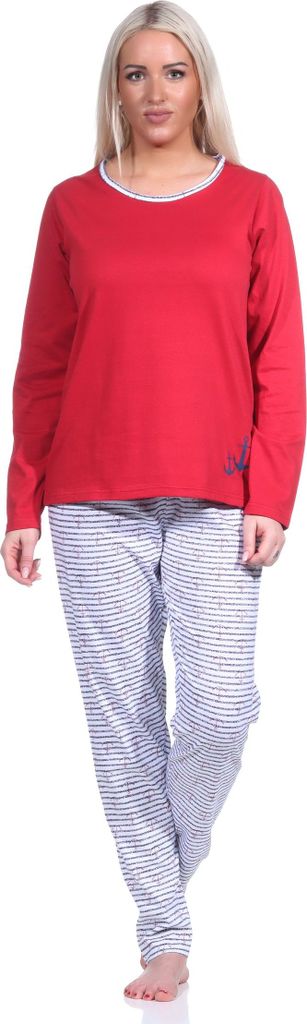 Damen Pyjama, langer Schlafanzug in Streifen Optik - MARITIM - 123 201 10 151 ; rot , 36-38