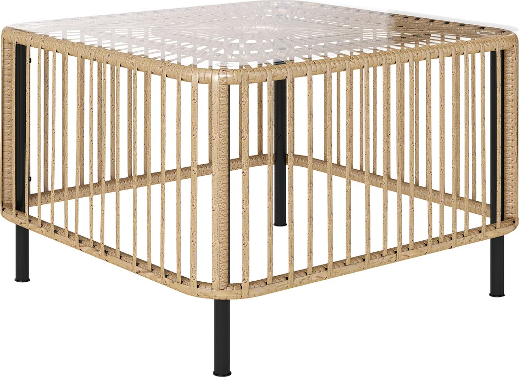 Tavolo da giardino Outsunny in polyrattan, 65 x 65 x 43 cm, tavolino resistente alle intemperie con piano in vetro per giardino, terrazza, legno naturale