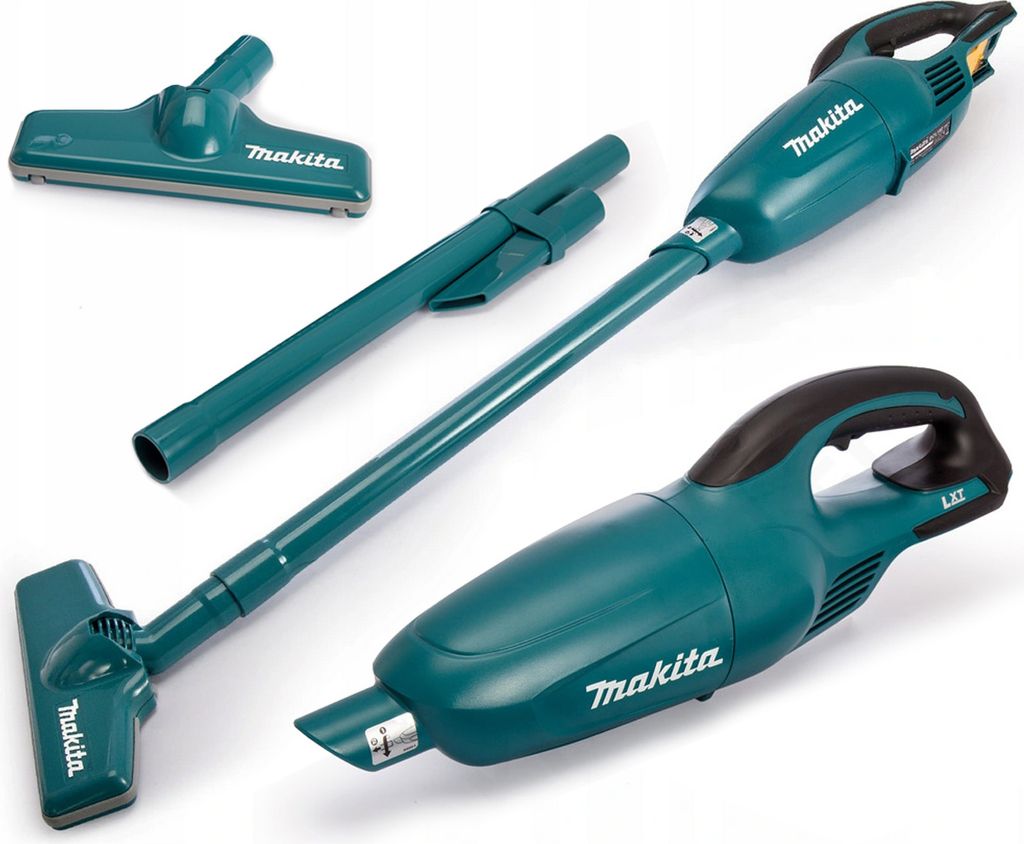 A Makita cordless vacuum cleaner and its accessories are displayed against a white background.