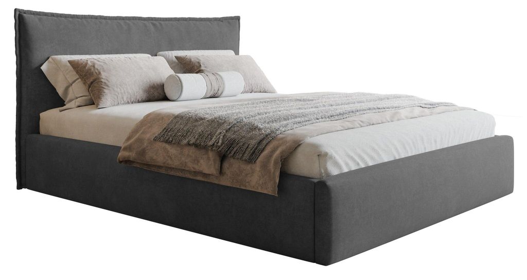 Polsterbett mit Bettkasten 140x200 Zenito Slim - Kissen-Kopfteil, Schlafzimmerbett 140x200 cm, Samtstoff Dunkelgrau
