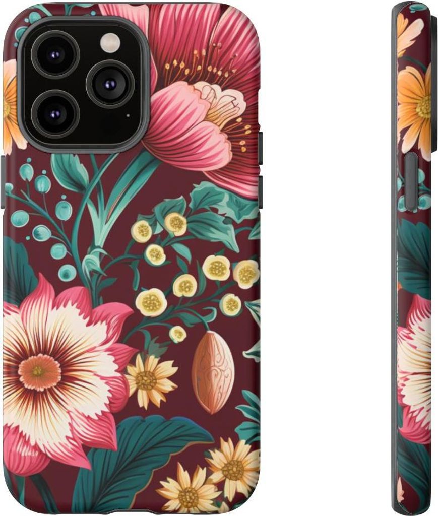Florales Blütenmuster in Bernstein und Petrol – Hülle Kompatibel mit iPhone 14 Pro Max