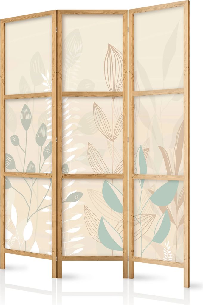 3-teiliger Einseitiger Vlies Japanischer Paravent - Morning in the Meadow - Various pastel plants on a beige background. 135x172 cm Für Kinder e-A...