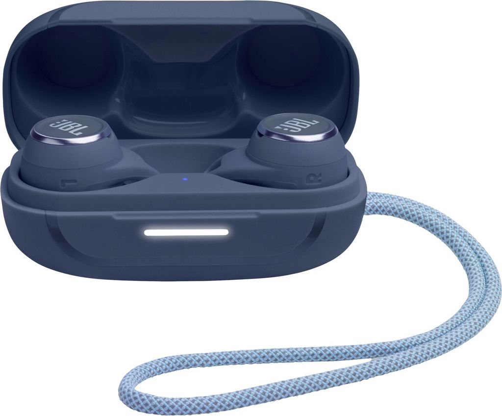 A pair of blue JBL wireless earbuds in their charging case.
