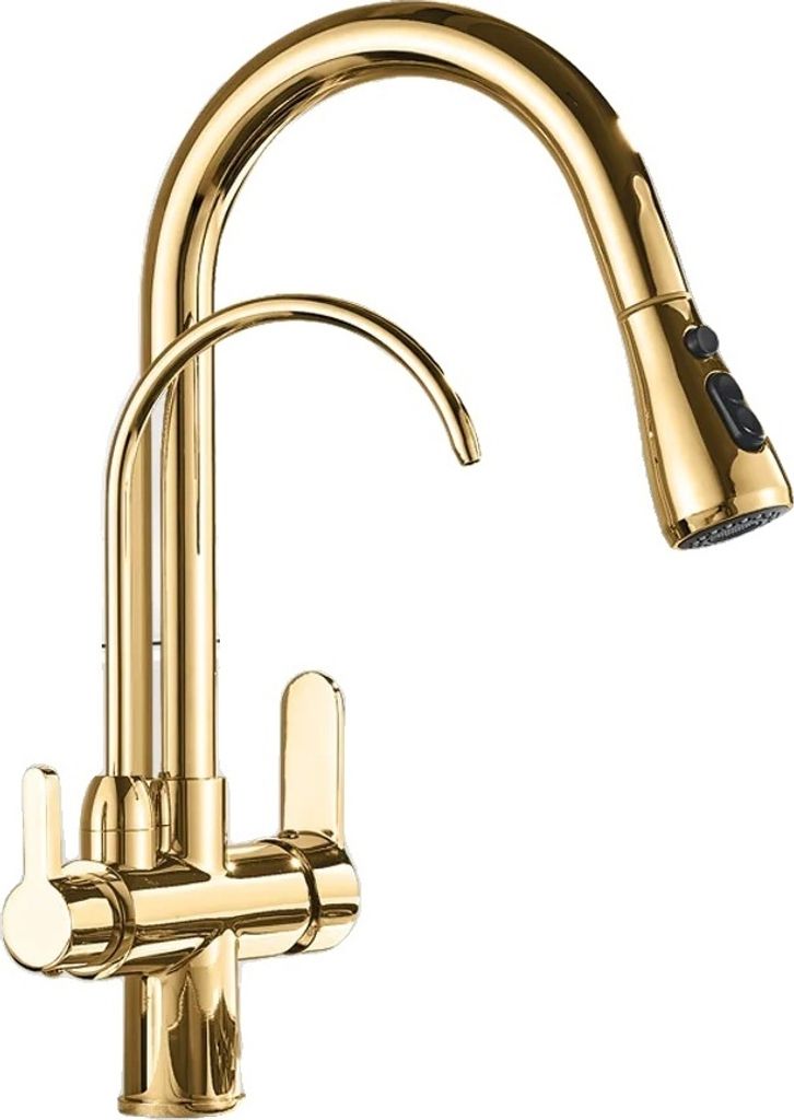 Küchenarmatur, gefilterter Wasserhahn, Dreifach-Wasserfiltration, Golden