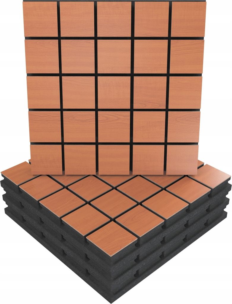 4 Stück AKUSTIK-WANDPANEELE mit Montageset | "GRID" 50x50x5cm | Absorption und Diffusion | Farbe: Kirschbaum