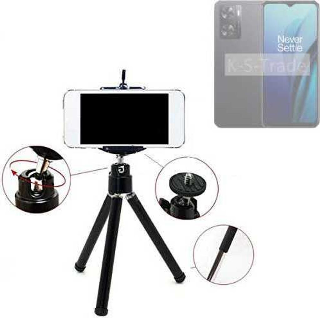 K-S-Trade Smartphone Stativ Dreibein kompatibel mit OnePlus Nord N20 SE Tripod aus Aluminium Klemmstativ Stativ Adapter für Mobiltelefone schwarz 1x