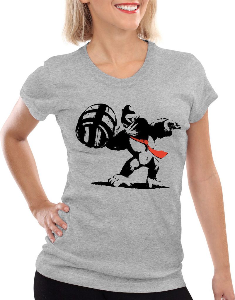 style3 Graffiti Kong Damen T-Shirt donkey pop art banksy geek snes nerd gamer, Farbe:Grau meliert, Größe:XS