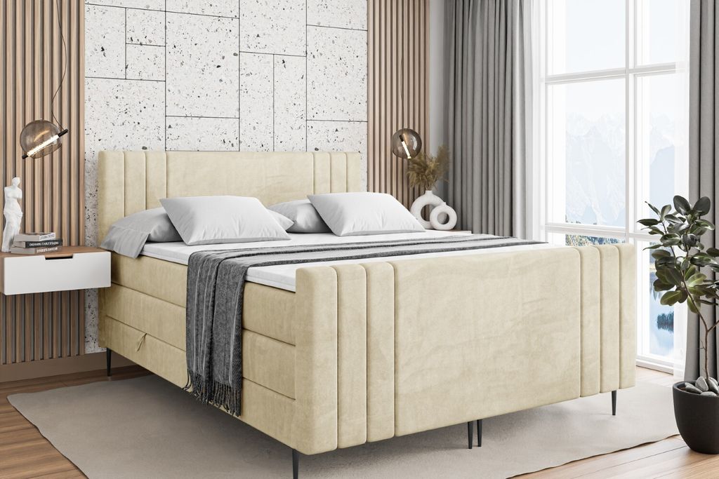 ALTDECOR Boxspringbett mit Schwarz Füßen, Matratze und Lattenrost, Topper, Fußteil, Polsterbett mit Bettkasten, Bett mit Stauraum H3- und H4- Ma...