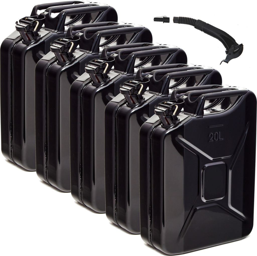 BW Kraftstoffkanister Metall Benzinkanister 5x 20 Liter mit Ausgießer - Schwarz RAL 9005 - UN-Zulassung - Hergestellt in Europa