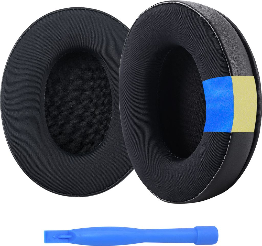 Two black ear pads for headphones and a blue plastic tool.