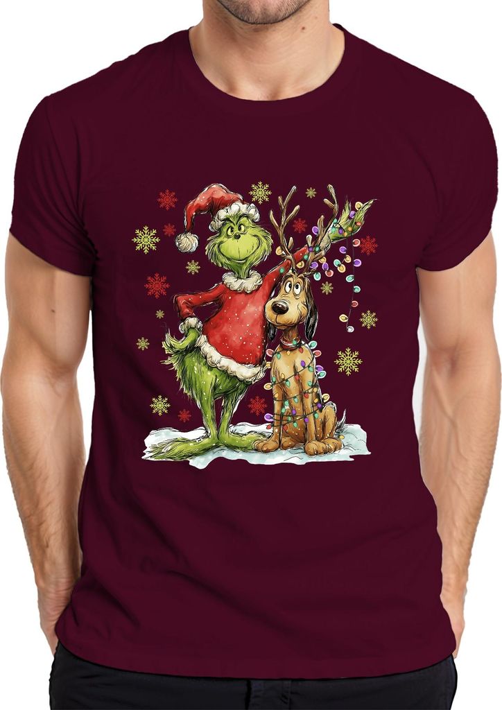 Grinch Weihnachten Rentier Lichterkette Schneeflocken Geschenk Herren T-Shirt, Burgundy, 3XL