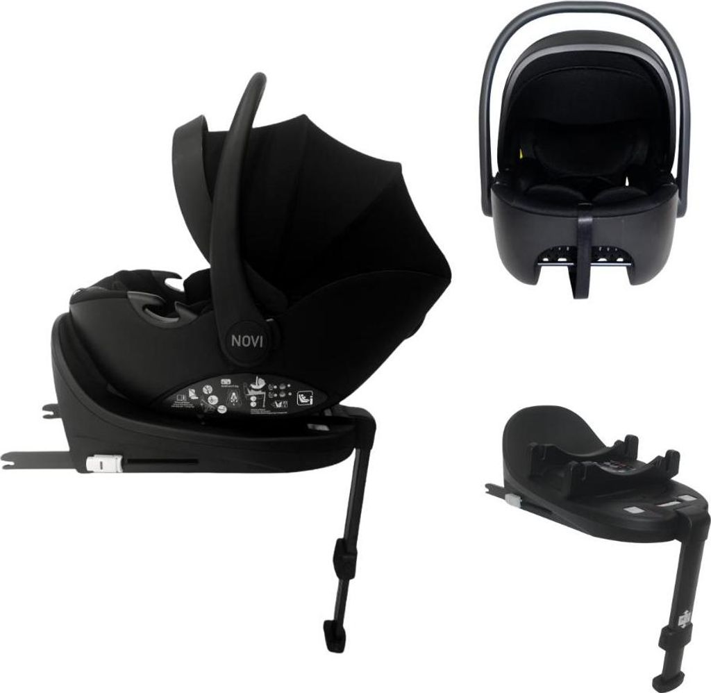 Novi Jacky Pro 360 V2 I-Size Autositz – ab Geburt bis 87 cm – 360° drehbar – ISOFIX Base – 3-Punkt-Gurt – Sonnenkapuze – Basic Black