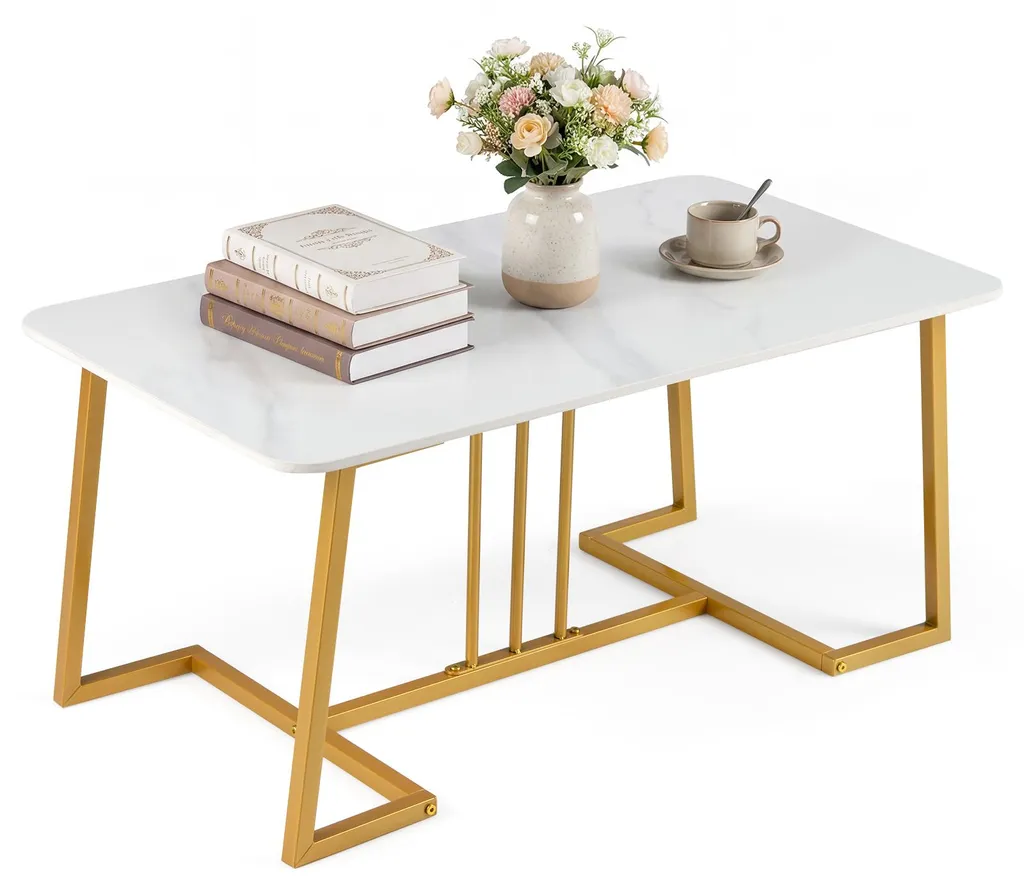 Table basse COSTWAY marbre blanc et or rectangulaire pour salon chic