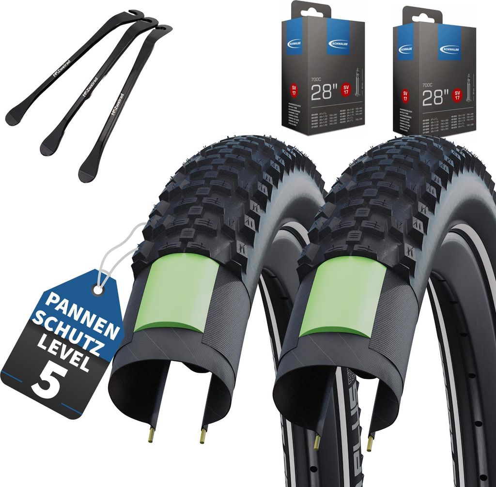 Schwalbe Fahrradreifen Smart Sam Plus DD HS624 28 Zoll 42-622 Draht GreenGuard schwarz + SV-Schlauch + MSZweirad Reifenheber