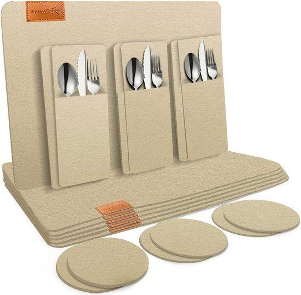 Kunstleder-Tischunterteller-Set, 18-teilig, 6-facher Platzhalter, 6-facher Besteckbehälter, 44x32 cm, pastellgelb